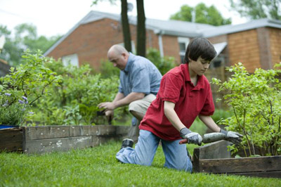 Boy working on a neighborhood garden